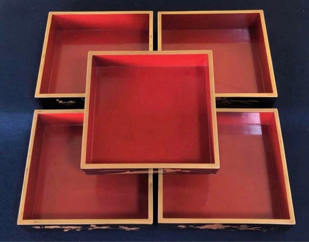 《レ》黒内朱 蒔絵付 五段重 替蓋付 木製漆器 木箱　251016い3