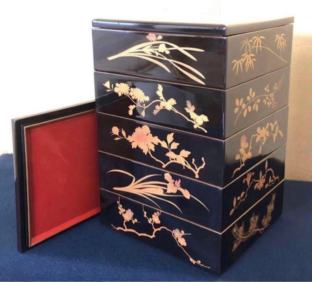 《レ》黒内朱 蒔絵付 五段重 替蓋付 木製漆器 木箱　251016い3
