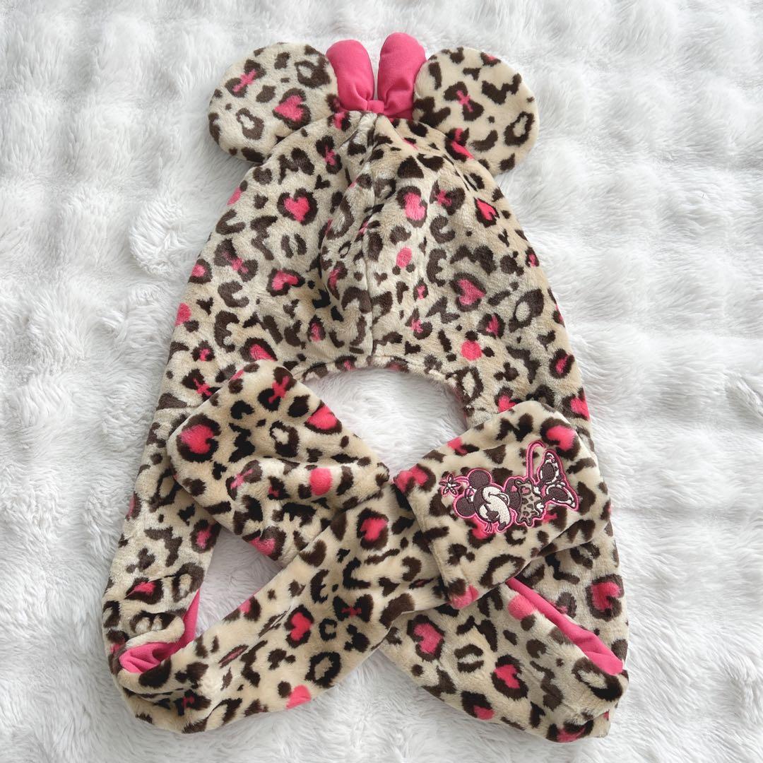 美品✨ディズニー☆ヒョウ柄 ファンキャップ マフラー ミニーちゃん