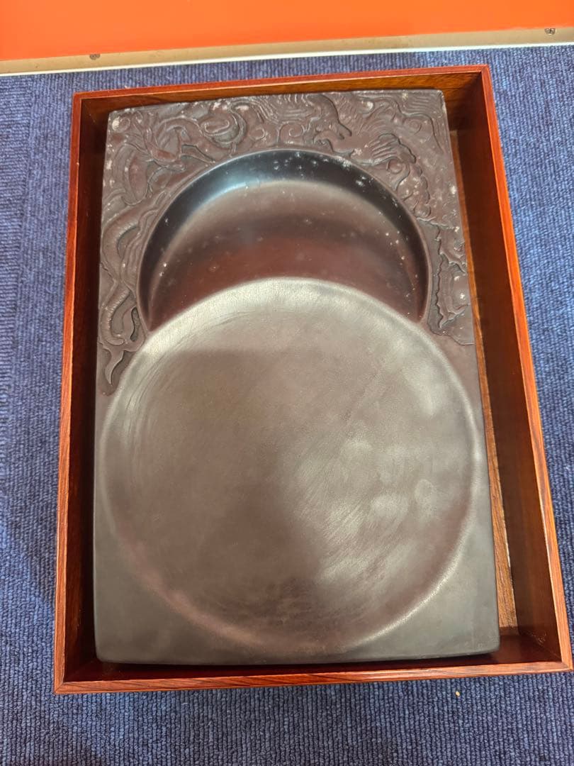 1964 中国骨董 雲龍鳳凰 満月 半月 硯 書道具 時代物