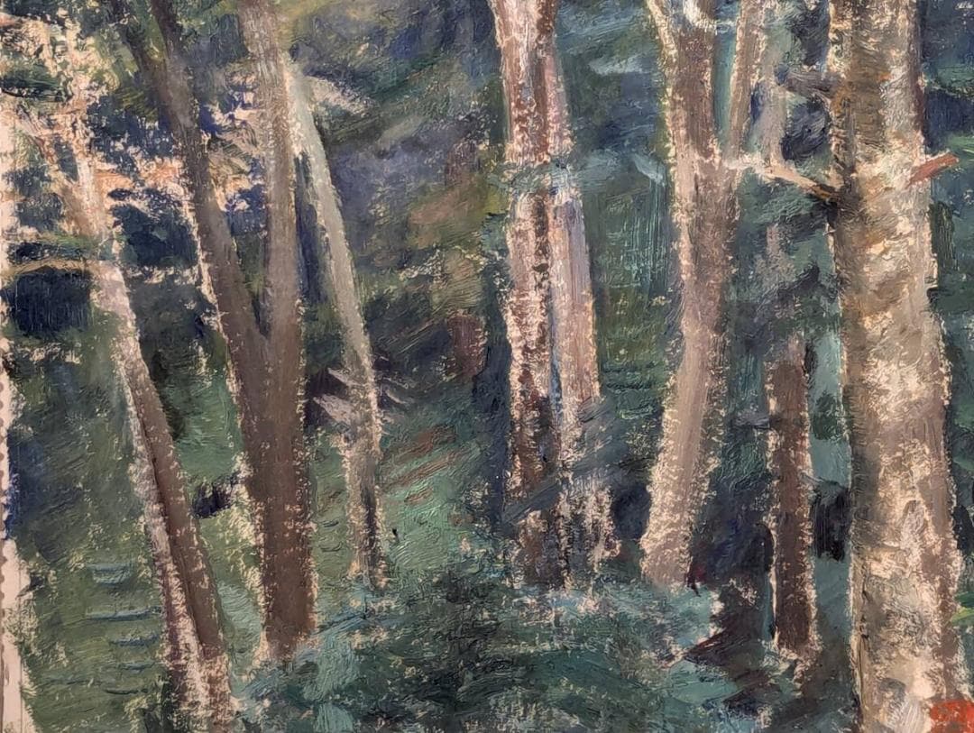 【真作】絵画　紙に油彩　森林風景　深緑の森を描く力強い筆致　自然美　U117