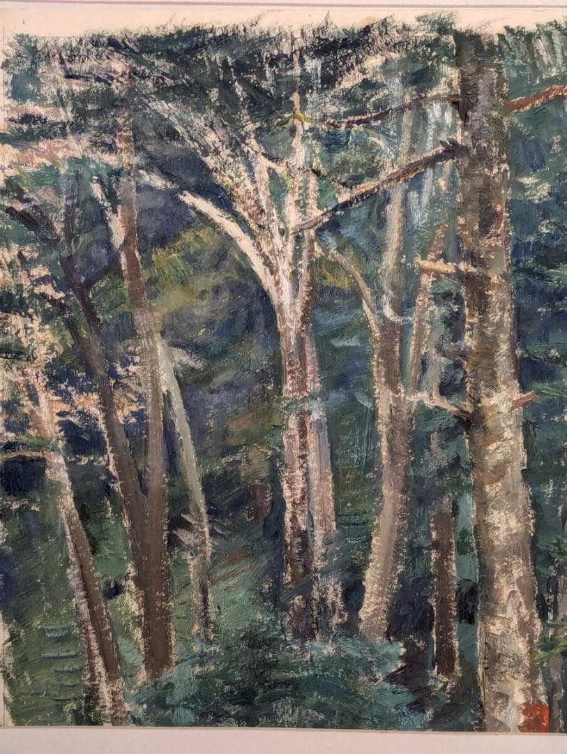 【真作】絵画　紙に油彩　森林風景　深緑の森を描く力強い筆致　自然美　U117