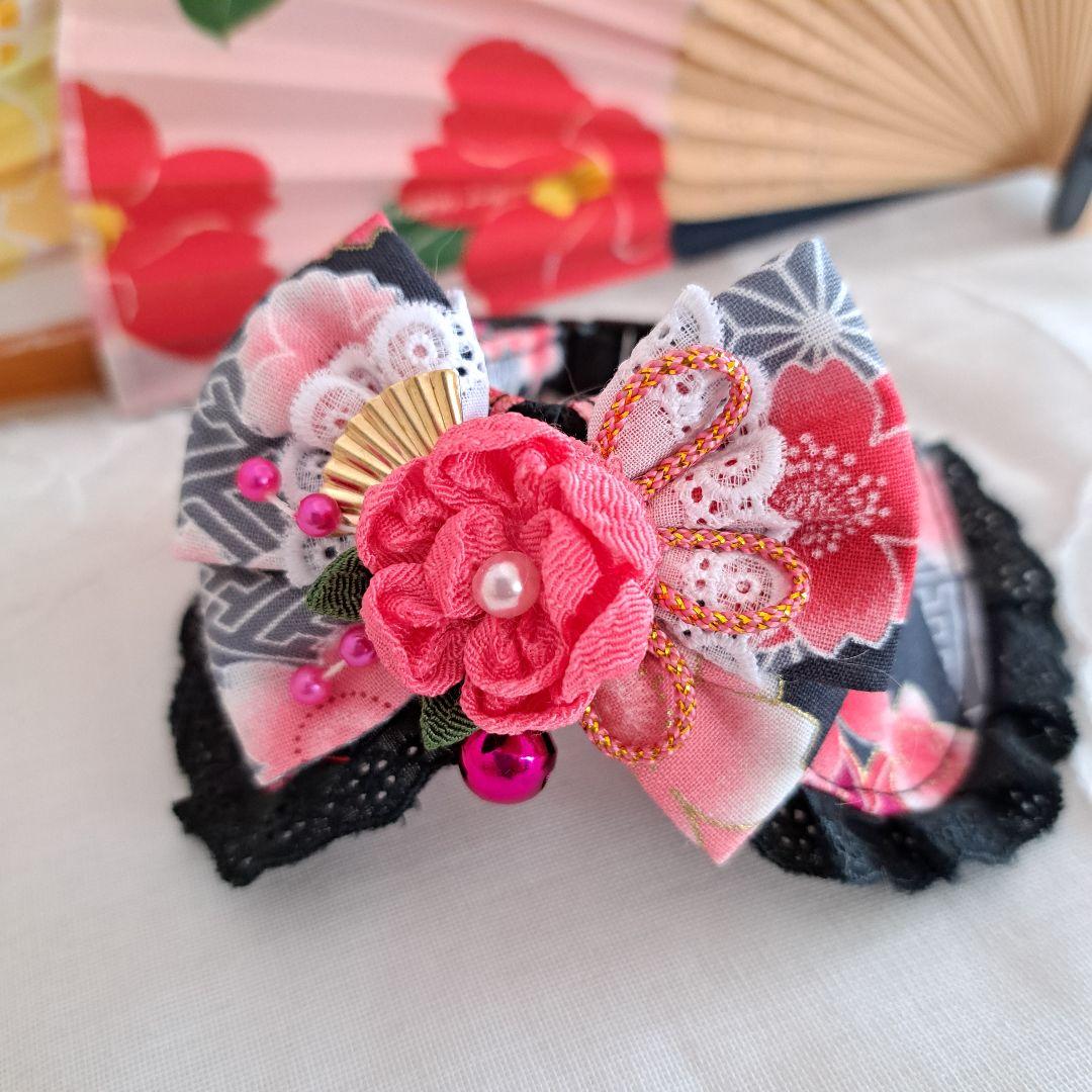 つまみ細工(黒×ピンク)わんちゃん猫ちゃん用襟つき首輪