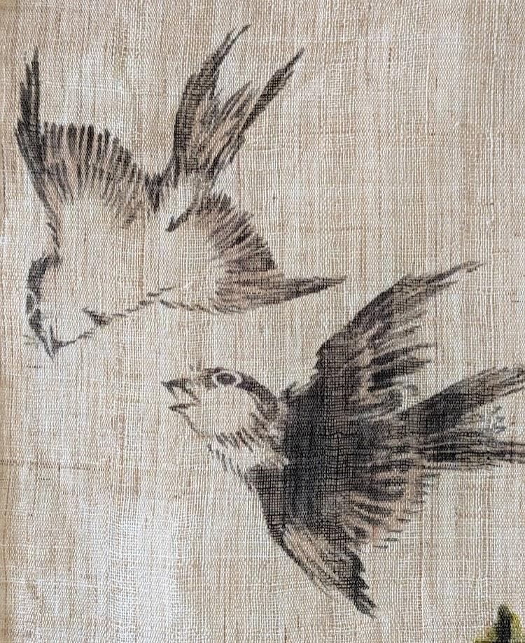 手描き麻暖簾【鳥と忍草】手染め のれん 巾81×144cm 一点物 アンティーク