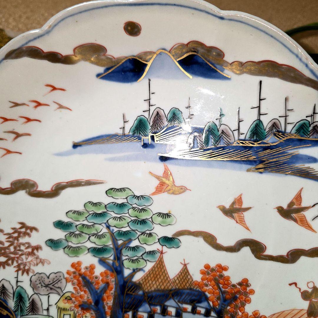 古伊万里 輪花皿 絵皿 朝日に金彩 鳥 山水図 深皿 - メルカリ
