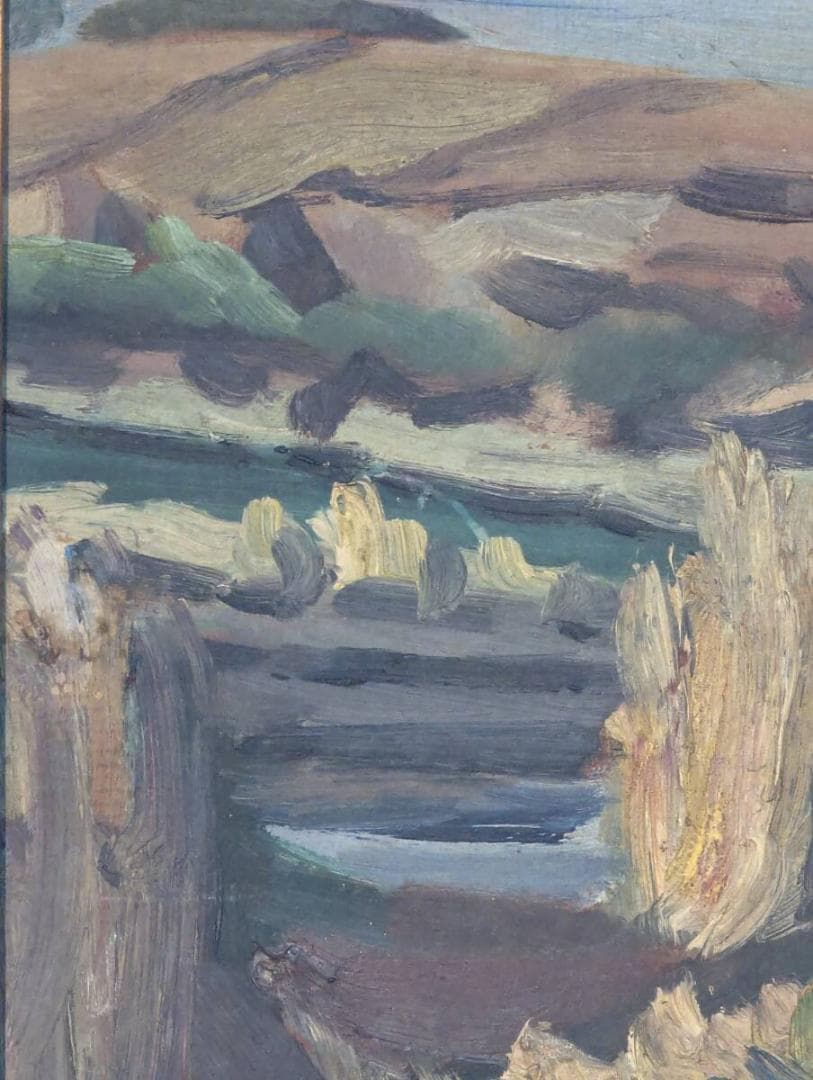 【真作】絵画　近藤晴彦　油彩3号（板絵）　渓谷の遠景　厚塗りタッチ　Y64