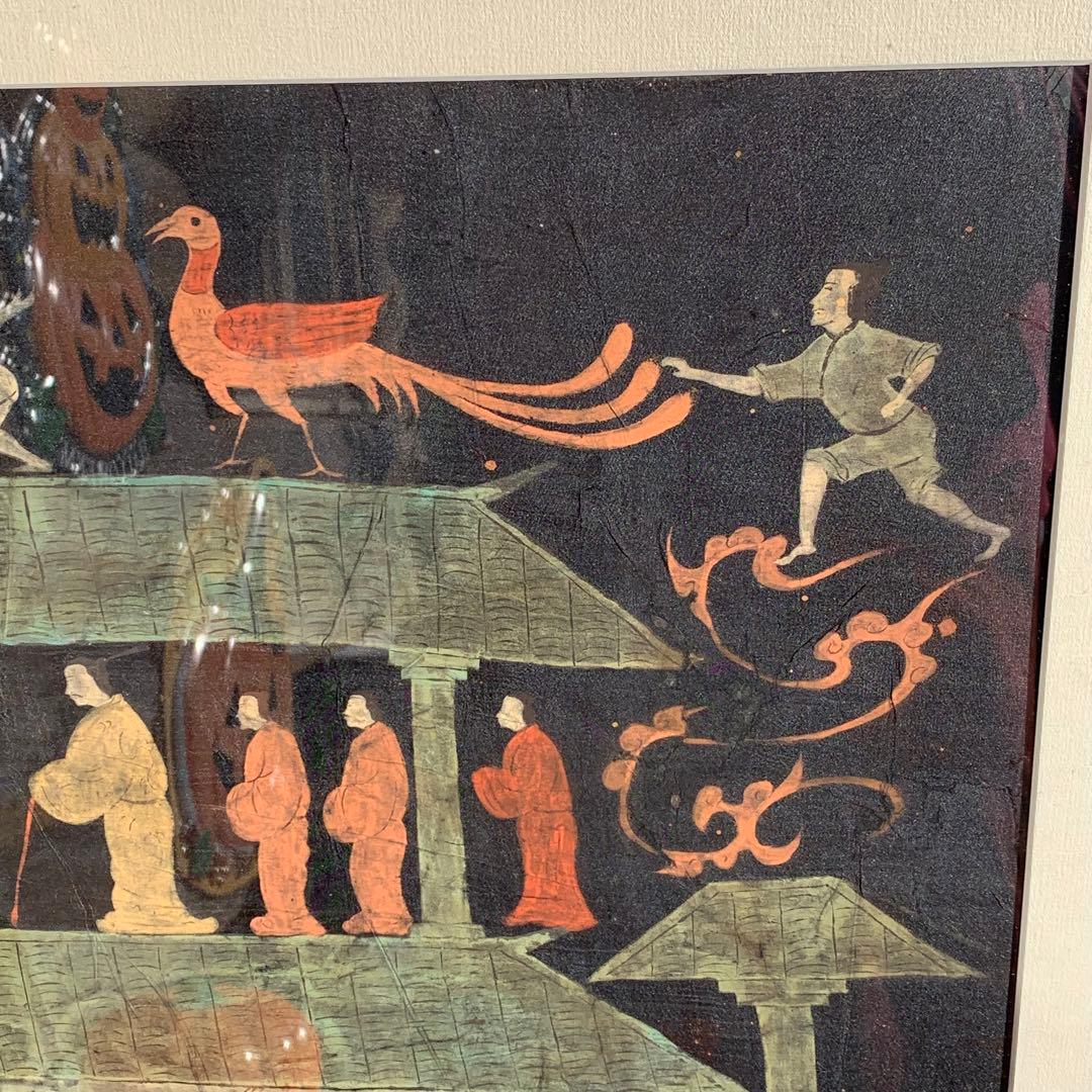 楚国　漢代　帛画　中国　シルク　絹　絵画　額縁　骨董品　馬　王　鳳凰　人　アート