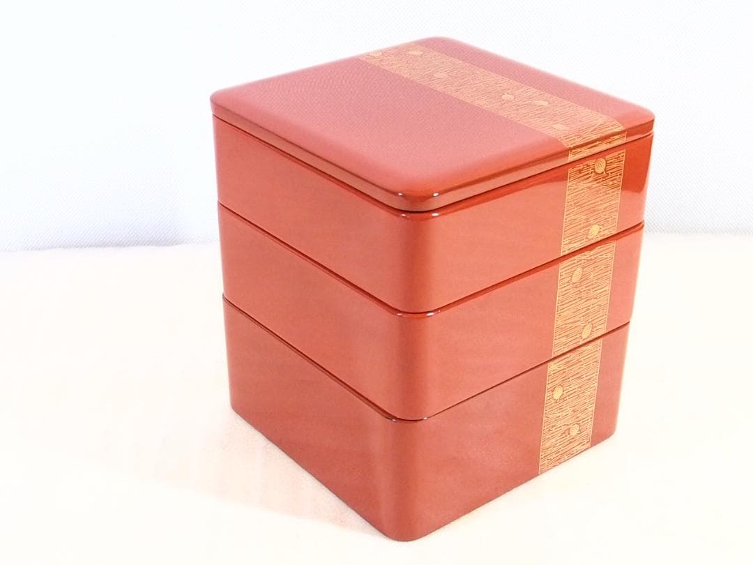【美品】輪島塗 わじま慶塚 沈金模様 洗朱蝋色三段重箱 弁当箱/お重 漆器/食器