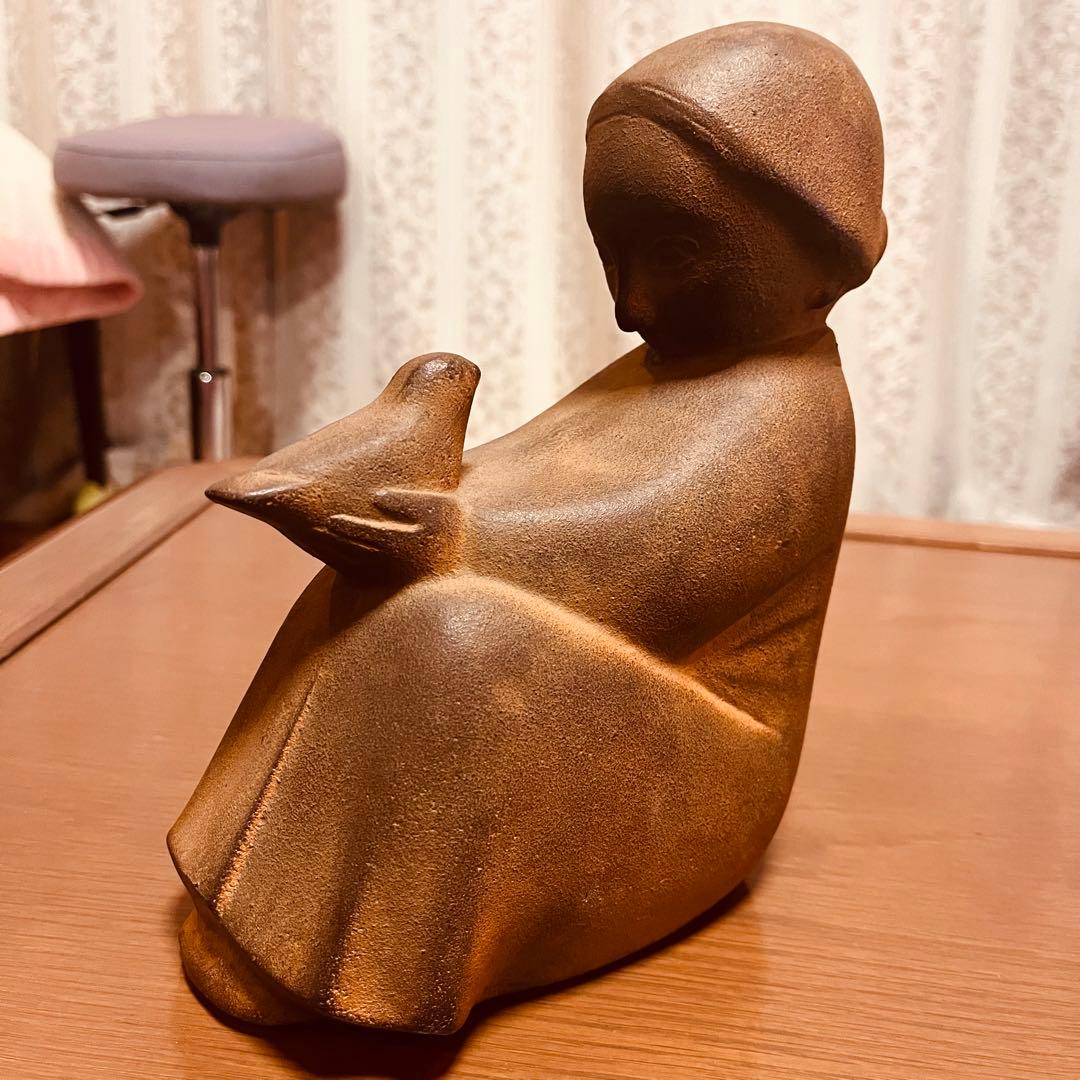 山本正道 鳩と少女 彫刻 オブジェ 女の子 青銅 鉄 鳥 骨董品