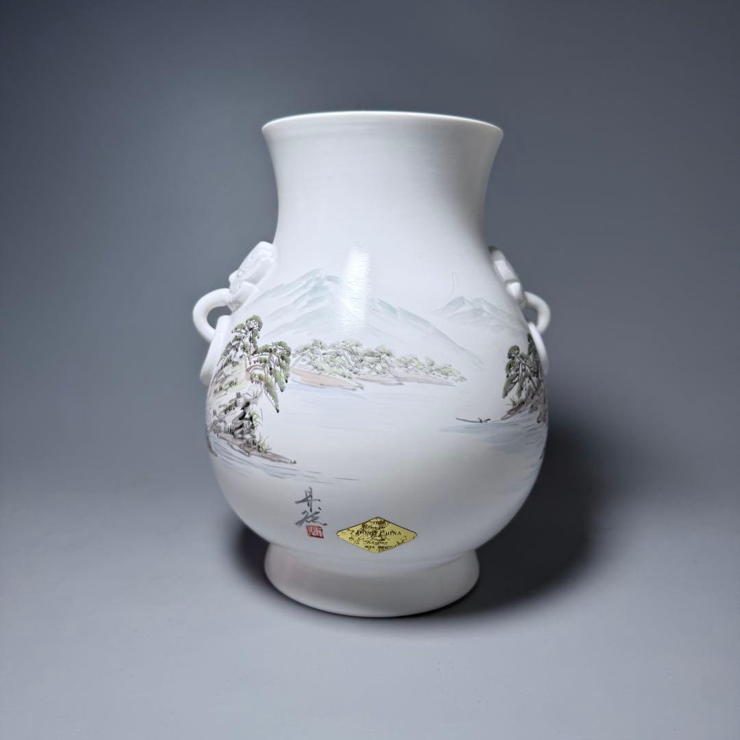 オールド深川製磁 山水図花瓶 銘有 昇然 高さ20.2cm インテリア