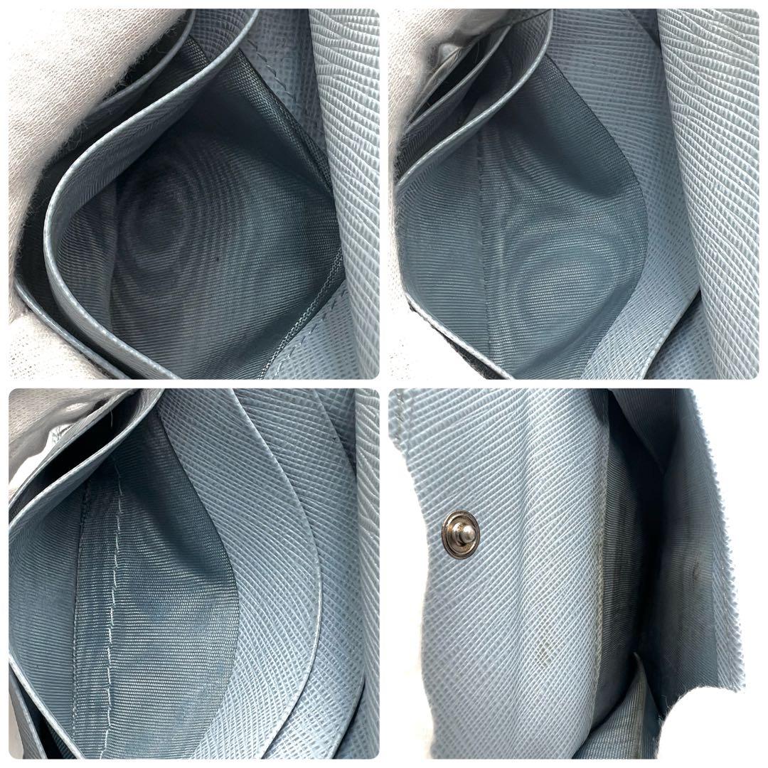 美品/現行✨プラダ 二つ折り財布 三角ロゴ レザー RFID ライトブルー