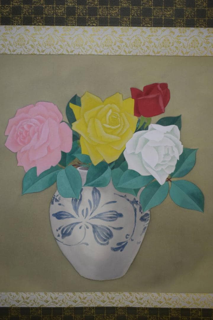 真作/山口華坪/薔薇花瓶図/バラ/布袋屋掛軸HH-884