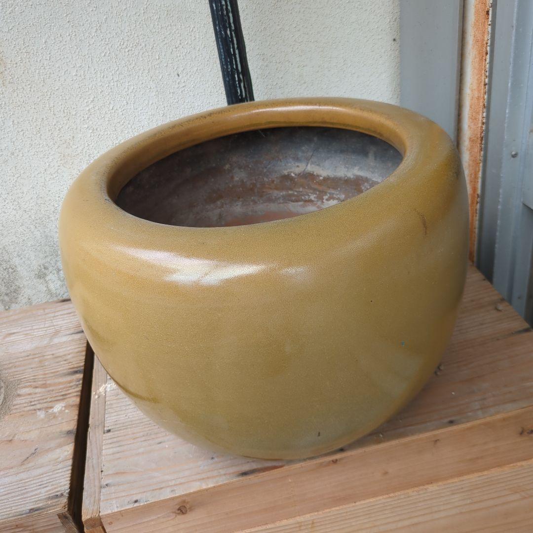 骨董 火鉢 黄土色 メダカ 金魚 睡蓮鉢 鉢カバー テーブル 水鉢 レトロ
