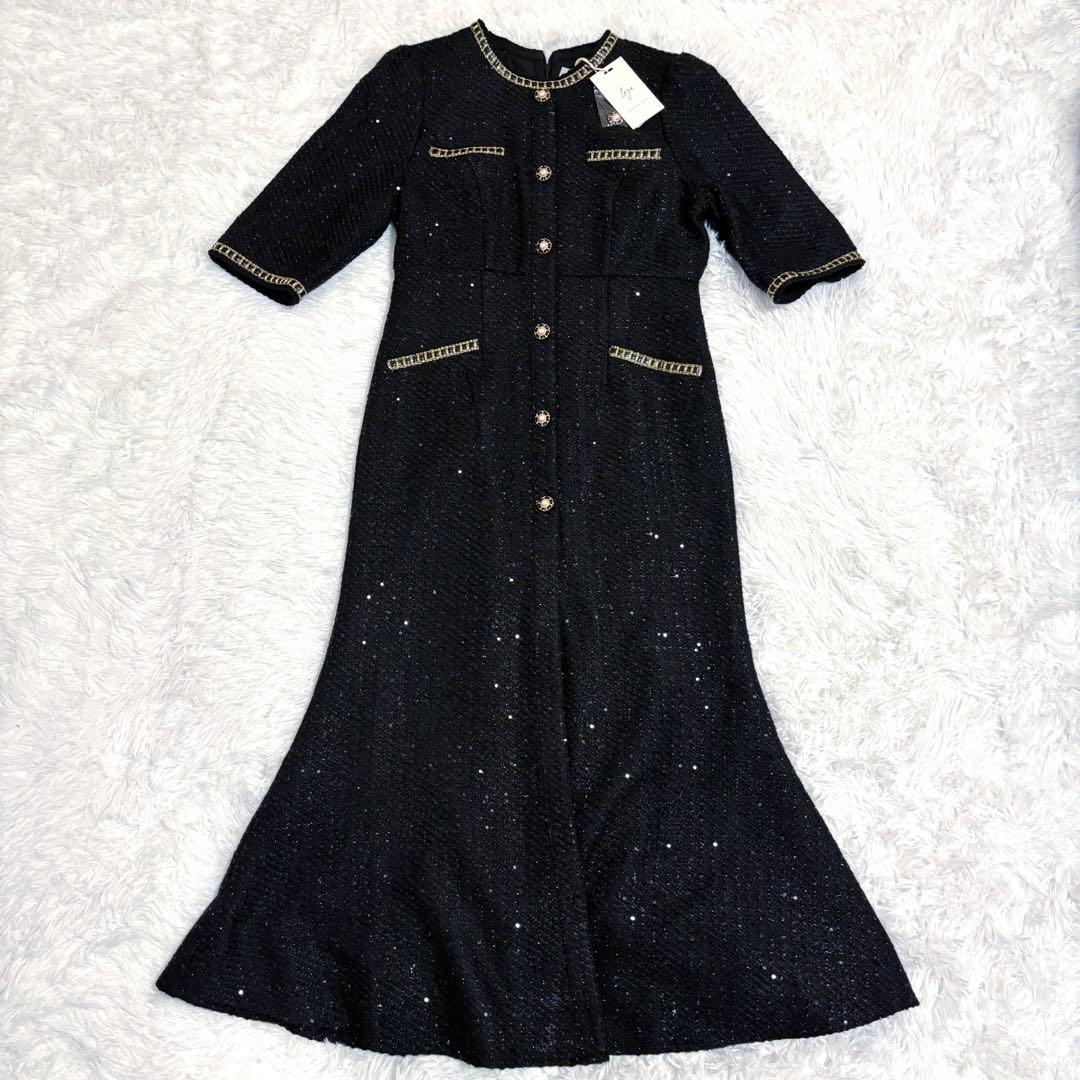 新品　Leja ラメ混ツイードレザーパイピングマーメイドロング丈ドレス