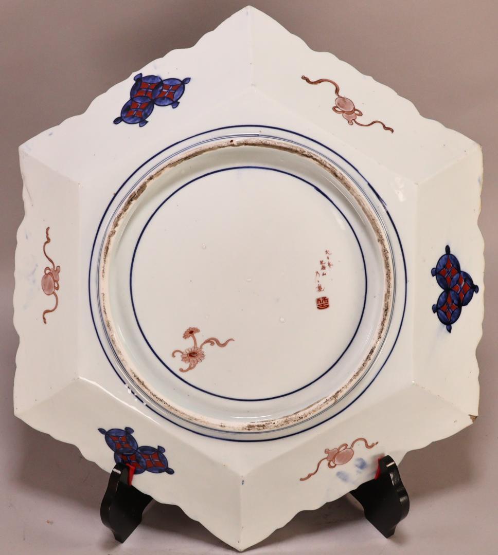 BK301 明治期 古伊万里 色絵小紋芍薬図 六角 大皿 大日本 肥蝶山