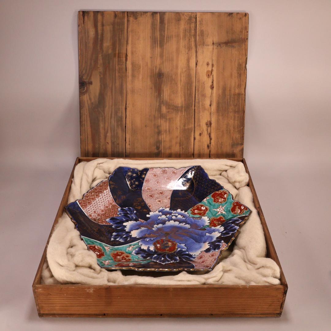 BK301 明治期 古伊万里 色絵小紋芍薬図 六角 大皿 大日本 肥蝶山