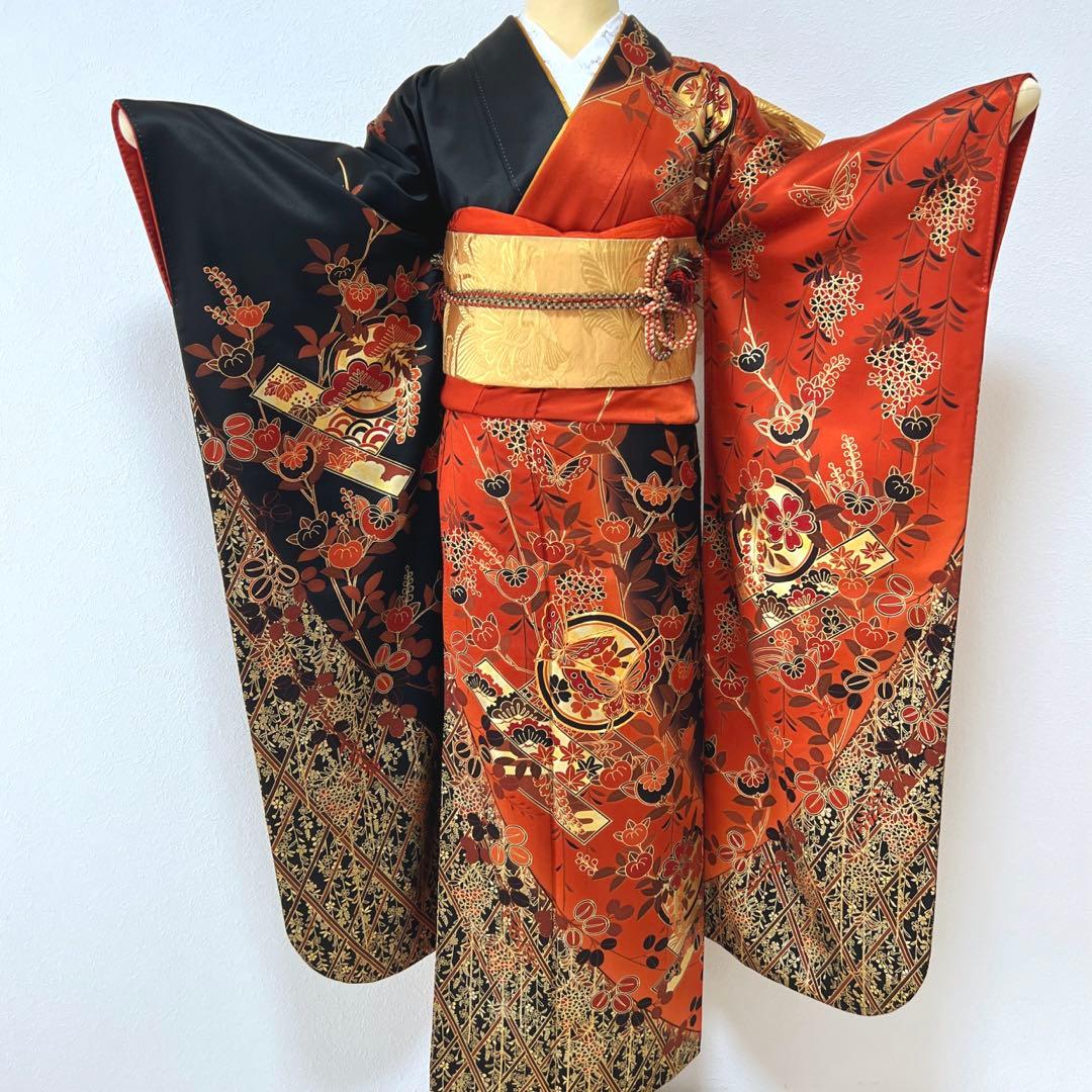 144 振袖 フルセット 正絹 朱赤 黒 ツートーン 金彩 駒刺繍 暈し染め