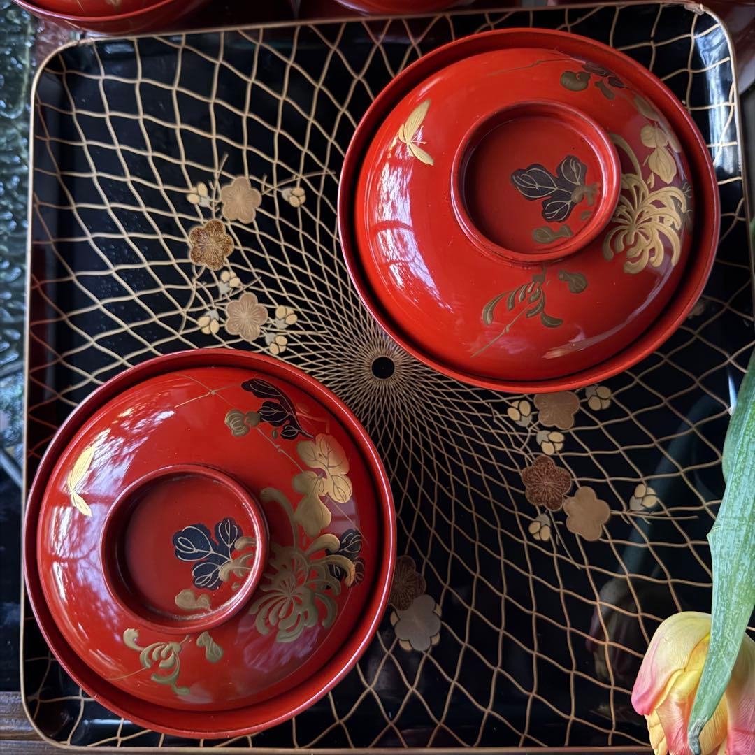 A様へ感謝お嫁入り‼️JAPAN 菊と蝶吉兆‼️朱色❌GOLD菊と蝶　吸物椀10客