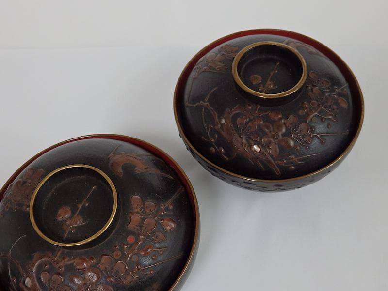 漆螺鈿　梅に鶯の図　吸い物椀　木製品　３客　A-fbnb