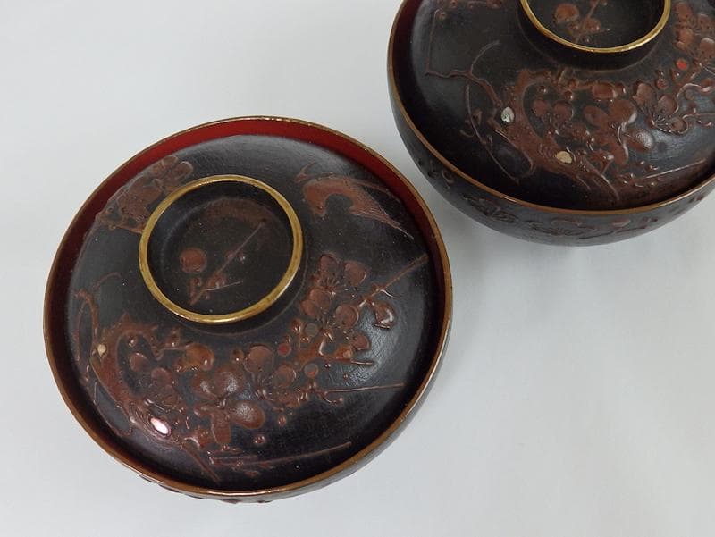 漆螺鈿　梅に鶯の図　吸い物椀　木製品　３客　A-fbnb