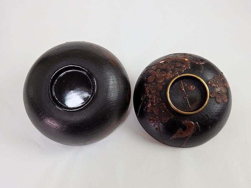 漆螺鈿　梅に鶯の図　吸い物椀　木製品　３客　A-fbnb