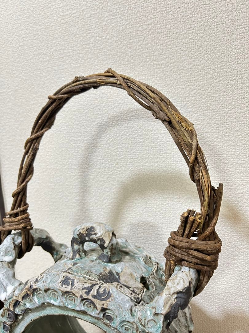 和 アジアン 青緑色 花模様 丸型 水槽 陶器 金魚 メダカ