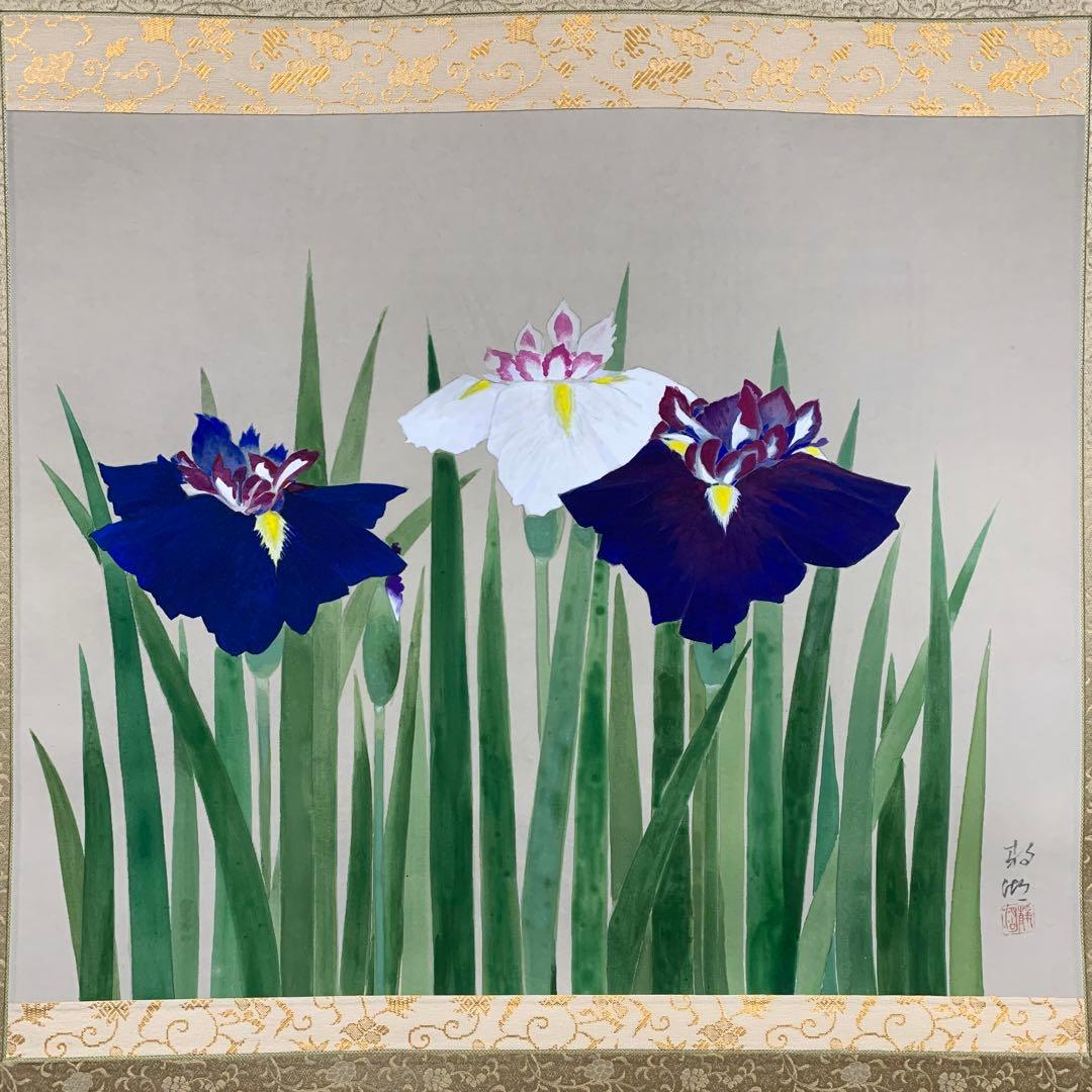 美品 掛け軸 静湖作 菖蒲図 共箱 太巻き付 季節掛け