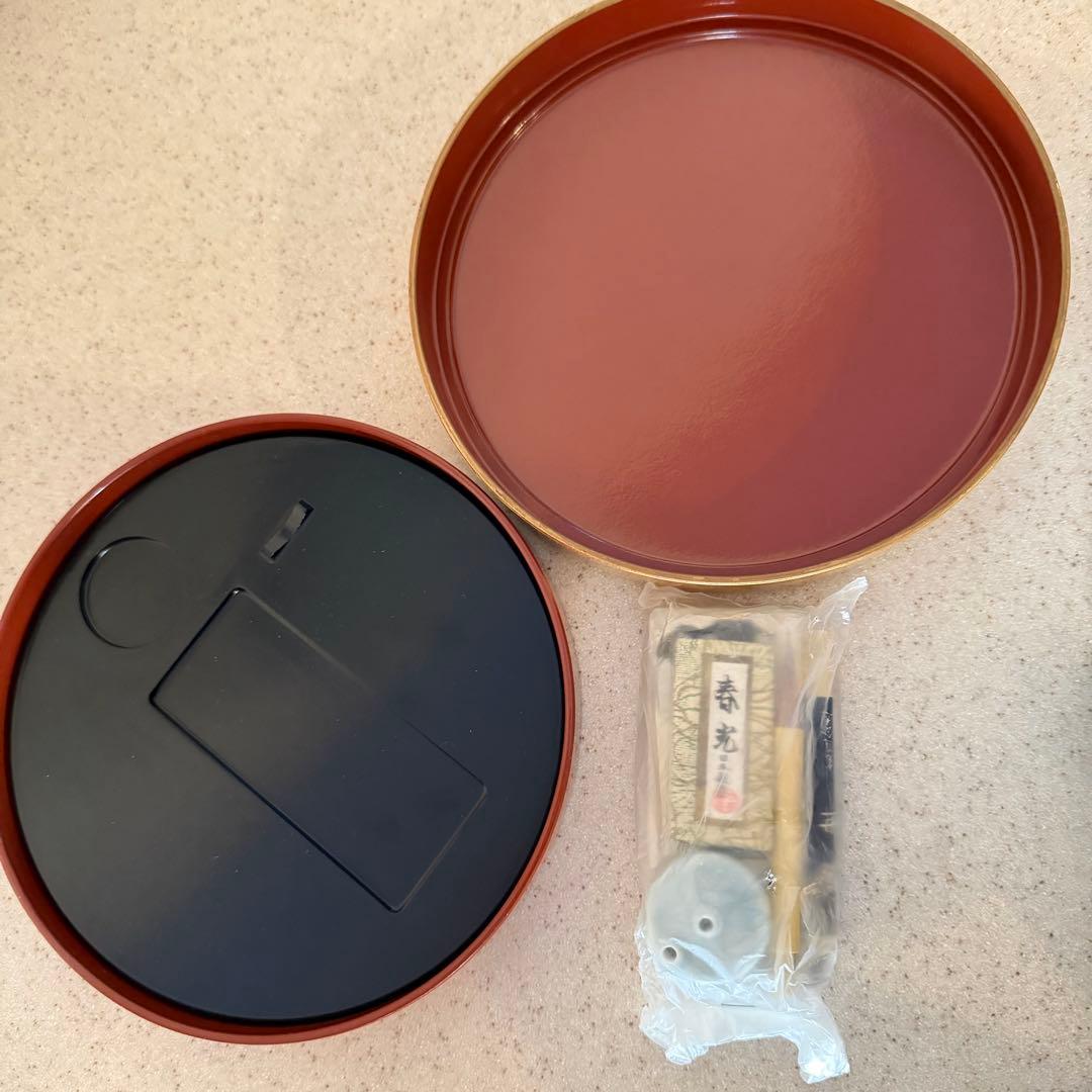 漆器製硯箱 習字セット 七宝工芸 伝統工芸 金地梅文様 未使用保管品 箱付