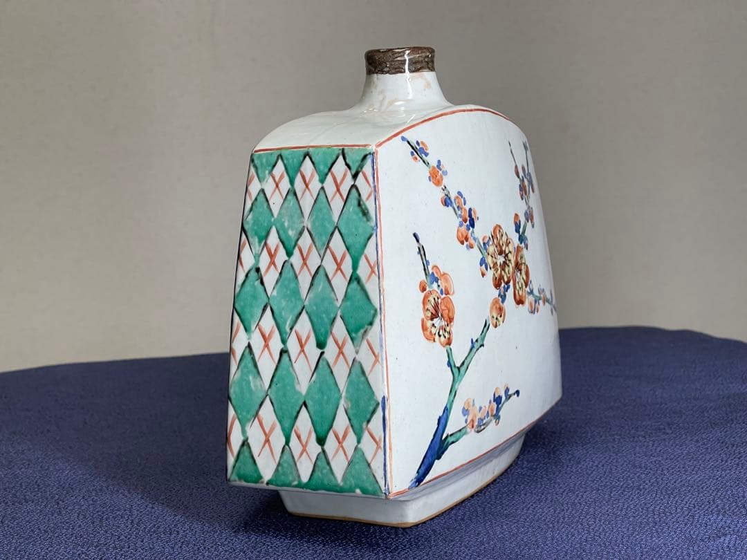 色絵 扁壺 鈴木清 作　鈴木爽司 極め箱書き 桐箱入