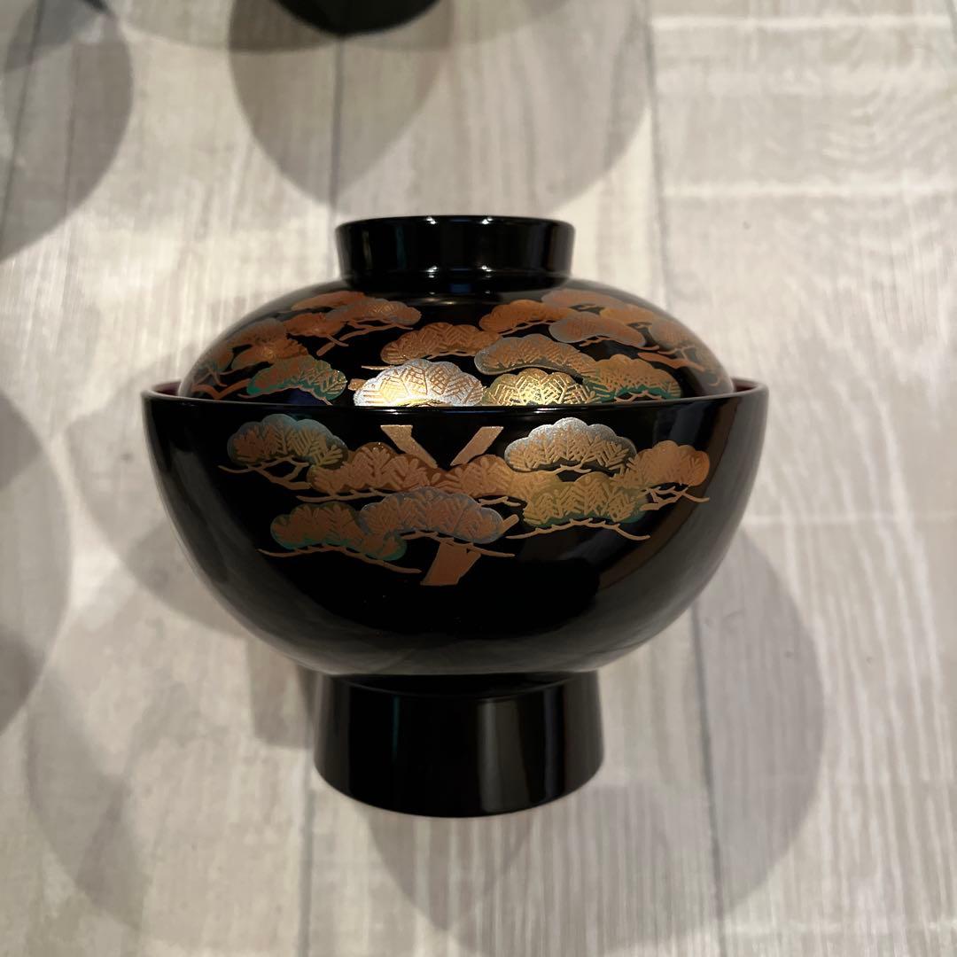 未使用品　雑煮椀　木製　黒内朱塗　松飾り　6組