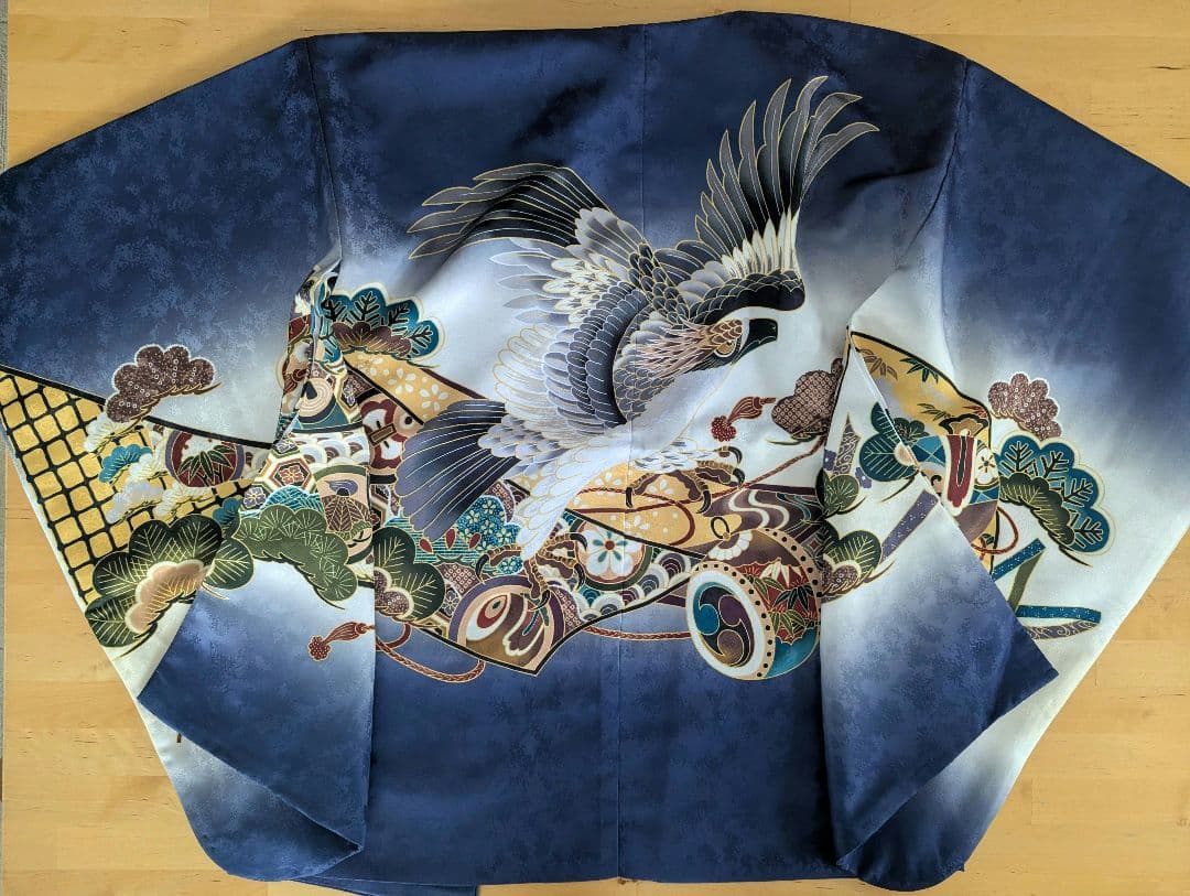 七五三 男の子 5歳 KYOETSU 着物 紺色 鷹太鼓の羽織と帯セット
