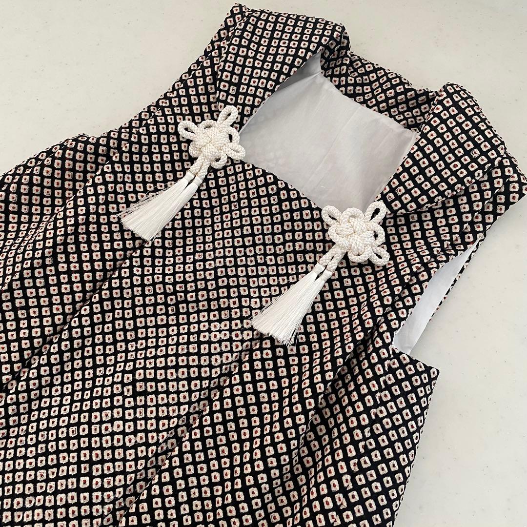 美品　七五三　3歳　正絹お着物セット　総絞りの被布　ブラックブーツコーデ