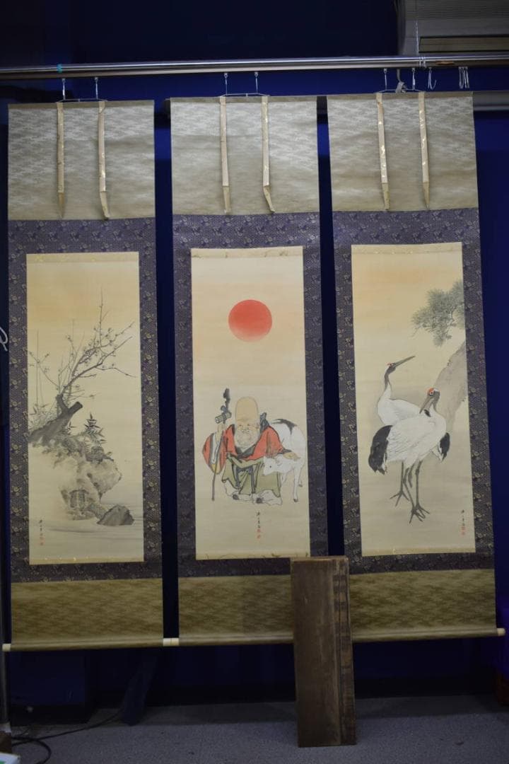 真作/岸連山/寿老鶴亀図/三幅対/布袋屋掛軸HG-111