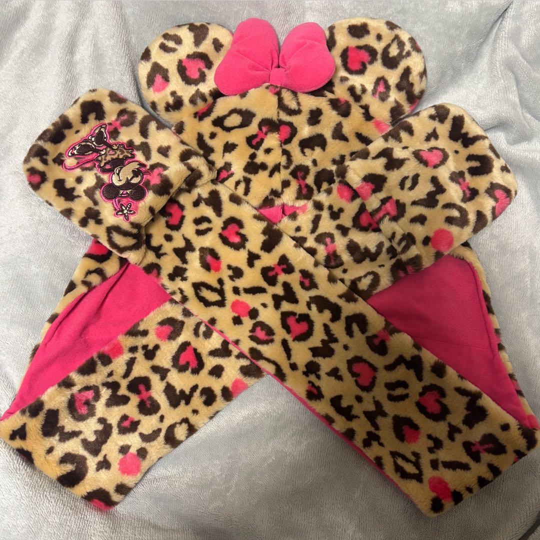 ディズニーマフラーキャップDisneyミニーヒョウ柄マフラーレオパード被り物