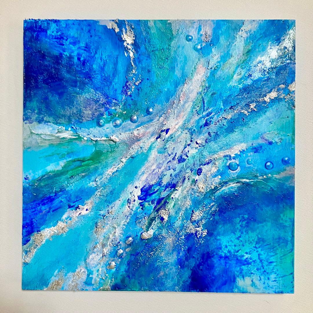 青色系 アクリル抽象画 横長 海 テクスチャーアート アクリル画