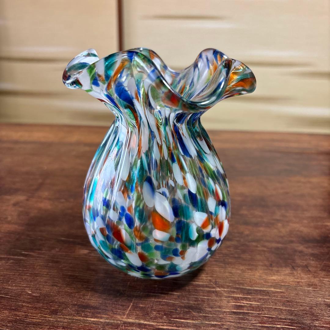 古ガラス 花瓶 花器 フラワーベース 硝子 吹きガラス フリル 大正浪漫