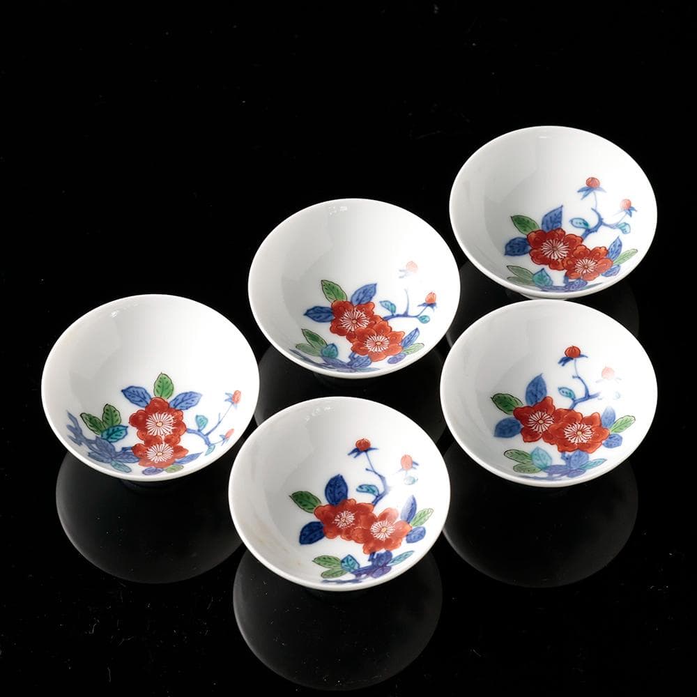 人間国宝 十三代今泉今右衛門 錦花画酒器 徳利 盃五客 共箱 黄布 栞 色