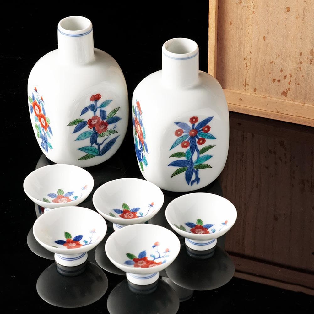 人間国宝 十三代今泉今右衛門 錦花画酒器 徳利 盃五客 共箱 黄布 栞 色