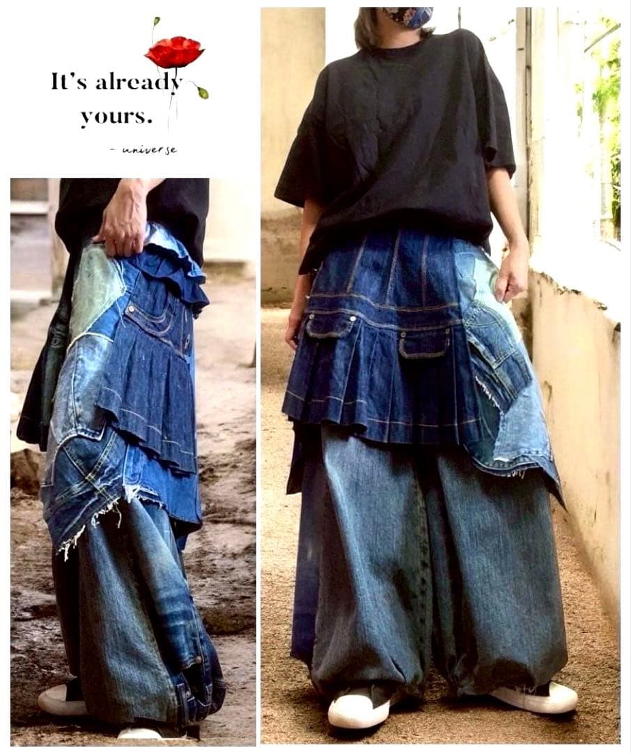 ETOYU！プリーツ巻きスカート☆個性的☆デニムリメイク