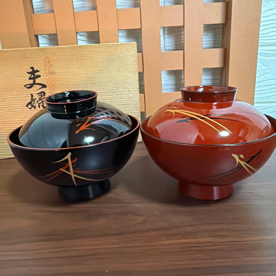 MB179】金沢塗師 久世双〇 熨斗と折り鶴 金蒔絵 吸物椀 十客 天然木漆