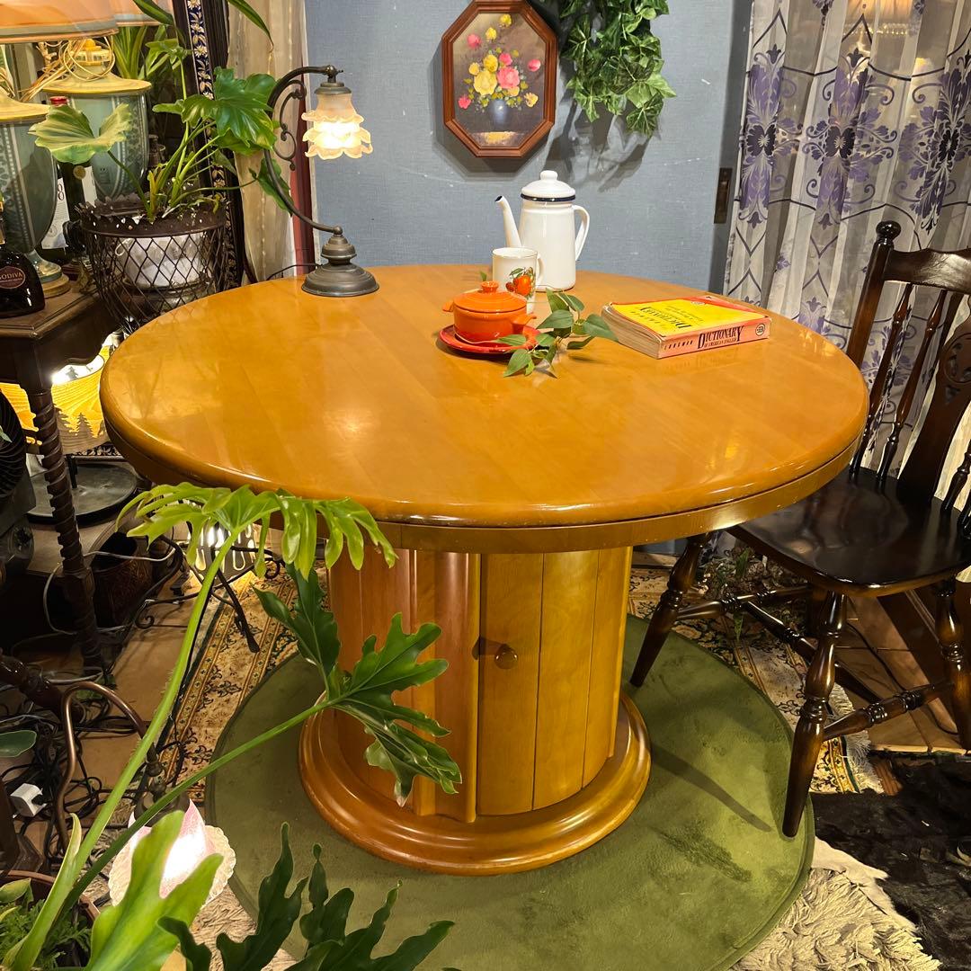 sale ラウンドテーブル　1０５　丸テーブル　無垢材仕上げ収納付き