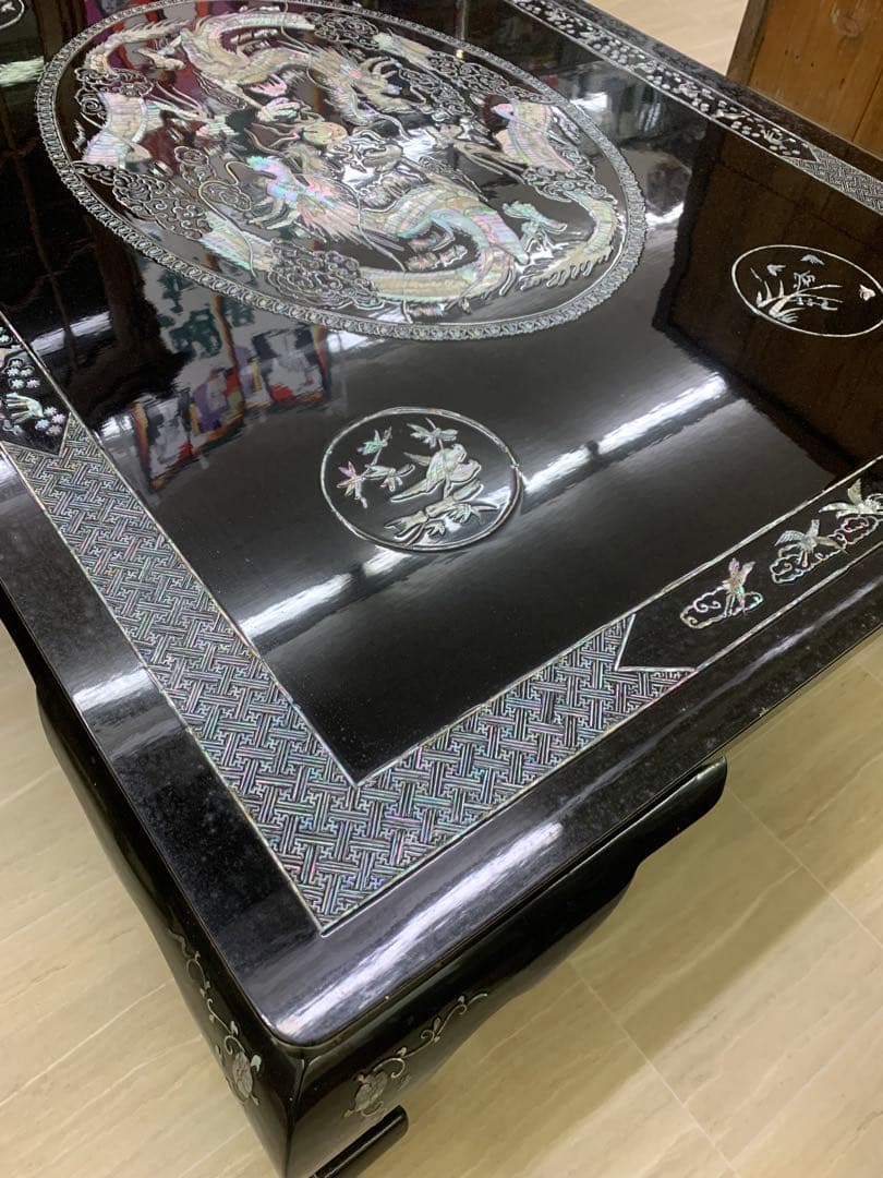 螺鈿細工 韓国伝統工芸 大型座卓 ドラゴン彫刻 年代物 骨董品