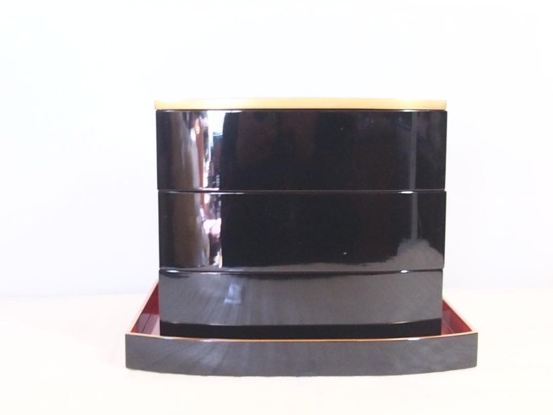【希少・美品】輪島塗 鶴文 三段重箱 重台 薄造り/変形型 お重/弁当箱 漆器