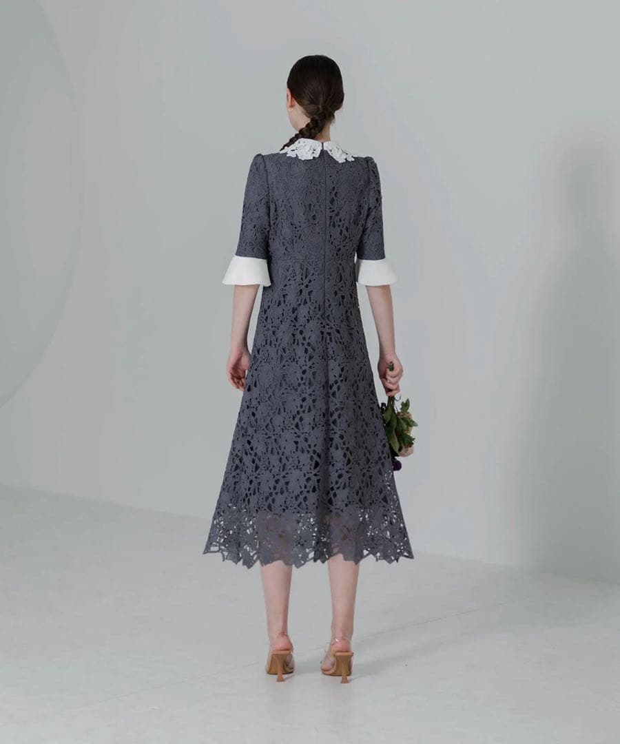 【LEJA】花柄レースカラースパンコール刺繍Aラインフレアドレスワンピース結婚式