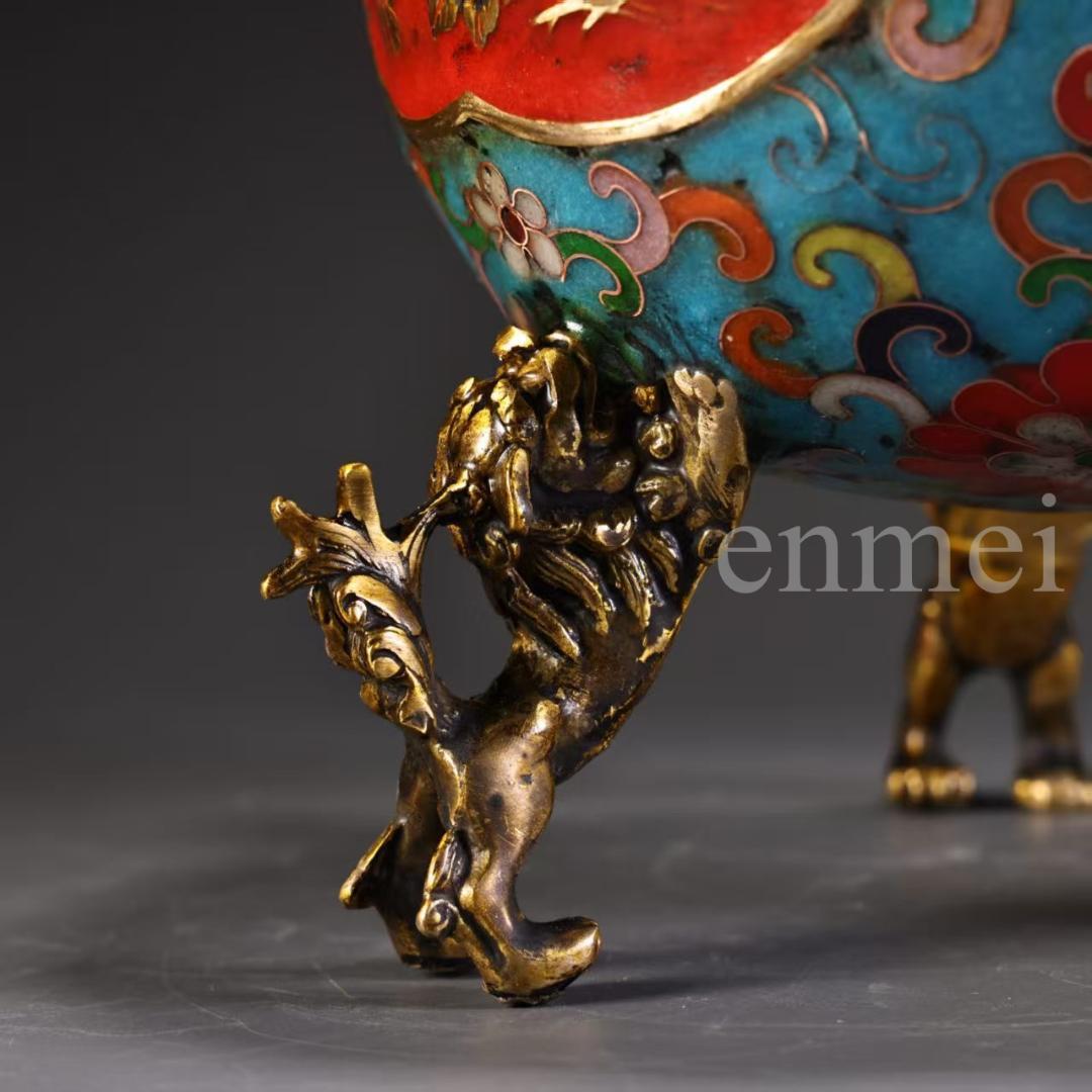 珍品旧藏・赤青琺瑯装飾双対香炉・高浮彫鏨刻・鎏金鳳