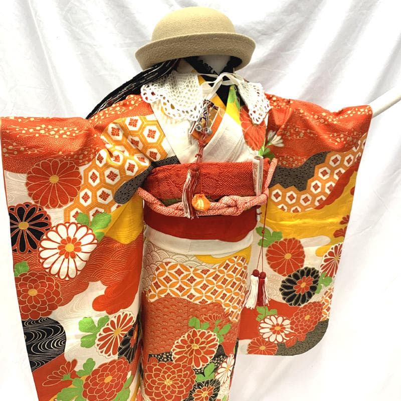 512ag47■七五三 七歳 女児 着物&袋帯 菊■状態良好