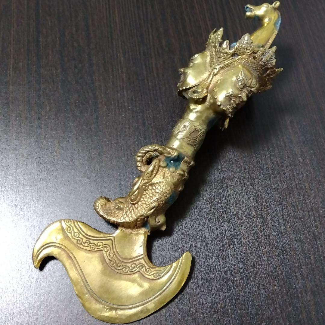 29cm 特大サイズ チベット密教法具 三面憤怒尊 カルタリ 鉞斧曲刀 金剛斧