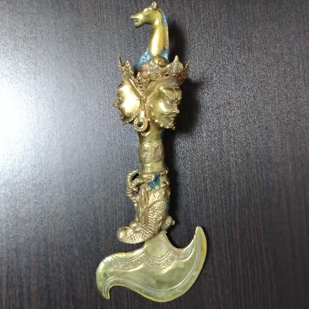 29cm 特大サイズ チベット密教法具 三面憤怒尊 カルタリ 鉞斧曲刀 金剛斧