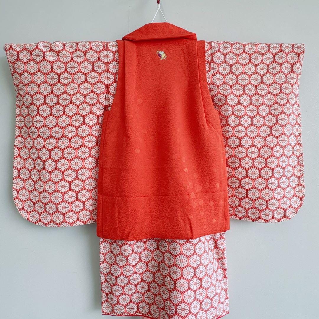 七五三　３歳　女の子　着物　きもの　長着　被布　赤系　麻文様　7276