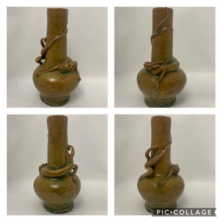 時代　瀬戸　緑釉獣瓶　古瀬戸　黄瀬戸　緑釉瓶　漢緑釉　竜生九子花瓶　小壺　ガラス